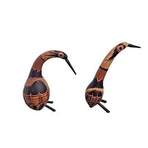Hand Carved Gourd Birds Pair Peru Standing Folk Art Rattle Peruvian Fall Autumn